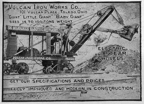 Ad for Electric and Steam Shovels, Vulcan Iron Works, Toledo OH, 1905